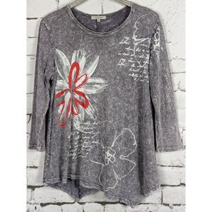 JESS & JANE Mineral Washed Cotton Tunic Asymmetrical Hem Floral Graphic Medium